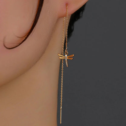 Gold Copper Dragonfly Micro-Set Zircon Long Tassel Ear Wire with detailed design