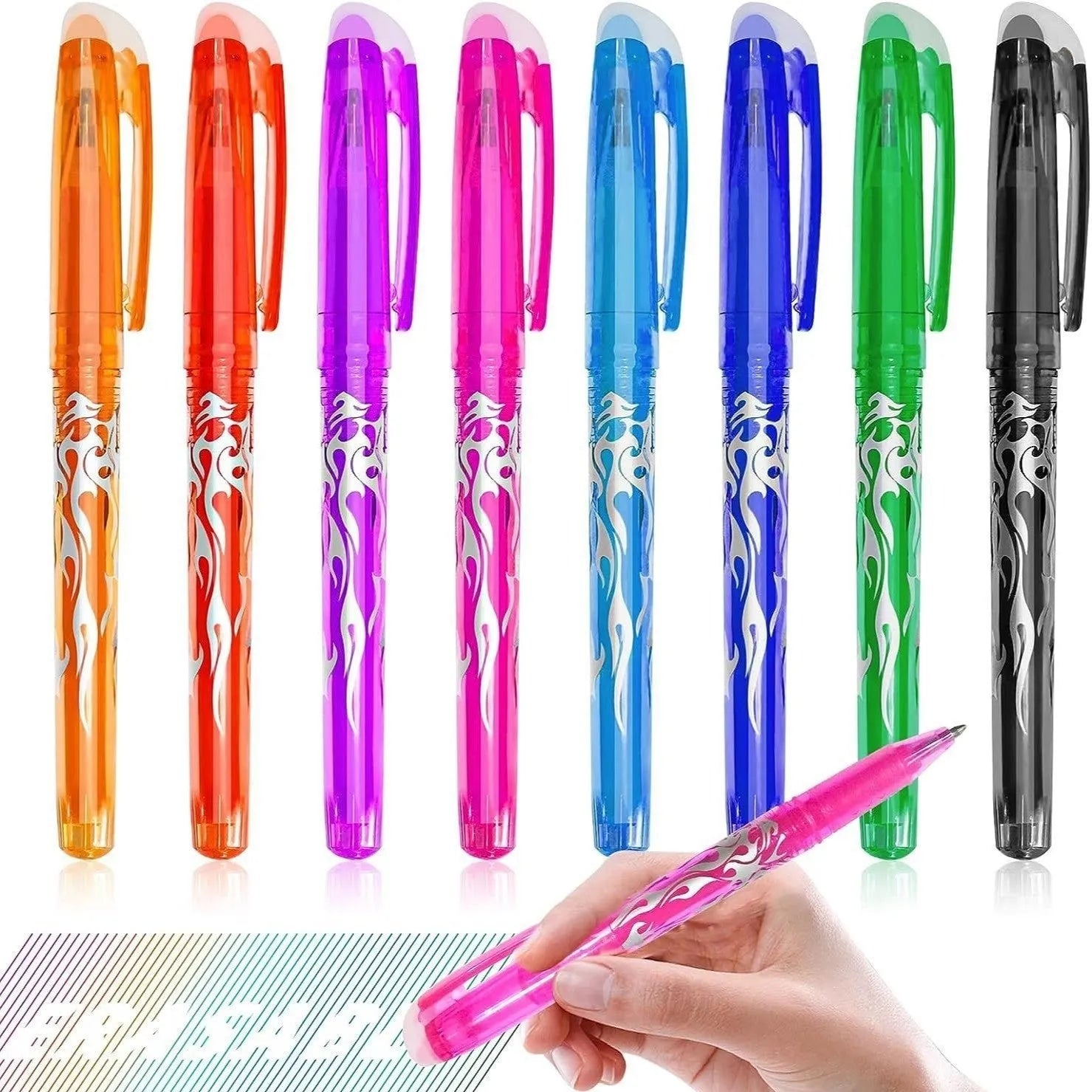 Hot erasable gel pen set with choice of 0.5mm or 0.7mm tip, showing plastic body and stainless steel nib.