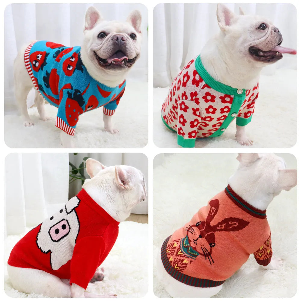 Cartoon character dog jumper with button front in wool blend material for autumn and winter pet clothing