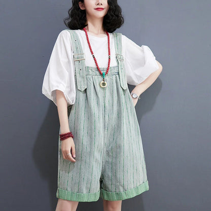 Striped denim overalls shorts with adjustable straps, high waist, and wide legs