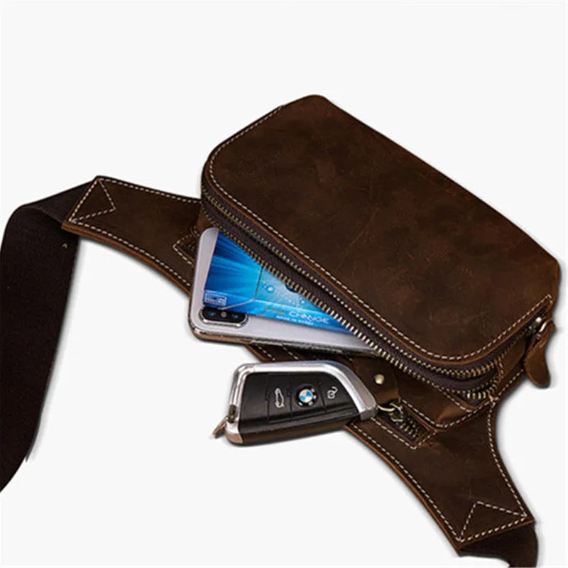 Brown top layer cowhide men's sports waist bag showing pull closure and dimensions.