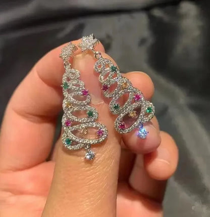 Festive Christmas tree tassel earrings with colorful zircon inlays