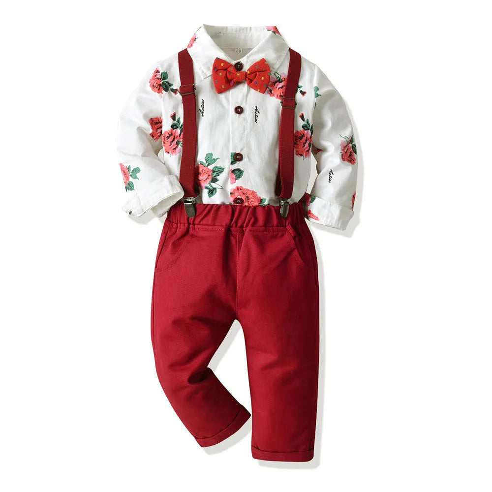 Boys' cotton long sleeved shirt and overalls set in dark green plaid pattern