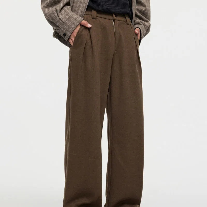 Men's straight fleece-lined casual polyester trousers in Ancient Brown colour, loose fit for autumn winter