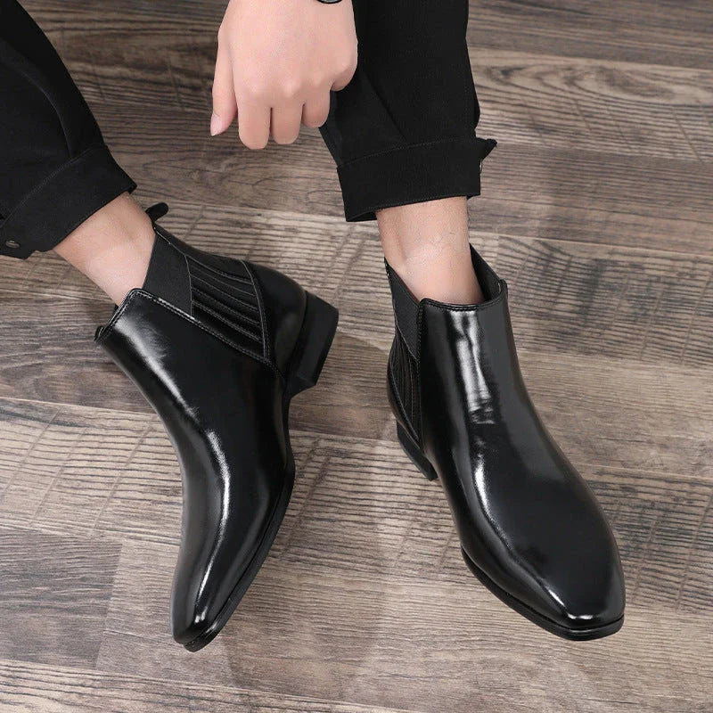 Sophisticated pointed-toe Chelsea boots with square heels, crafted from premium artificial leather for modern gentlemen's fashion