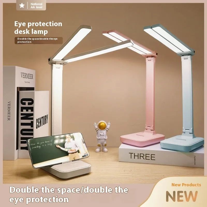 Simple dual lamp holder table lamp for children and students in white with square bottom base and charging cable