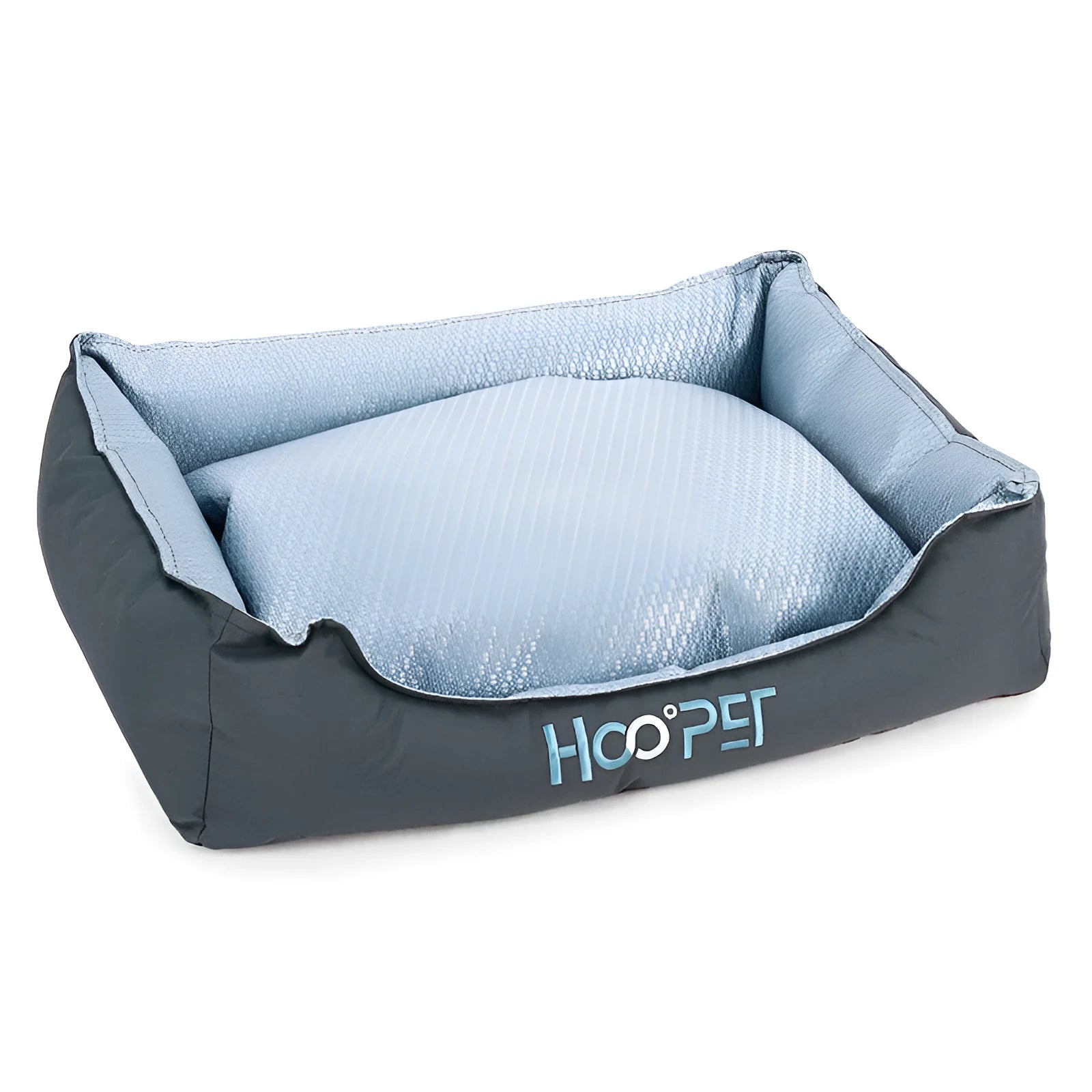 Soft grey dog bed with raised edges and a removable plush cover, shown in medium size.