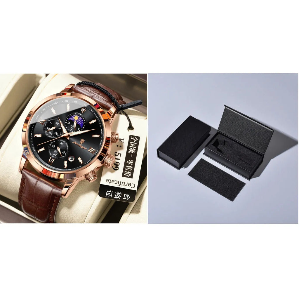 Men's watch with moon phase and chronograph, 42mm alloy case, mineral glass, rose gold case black dial