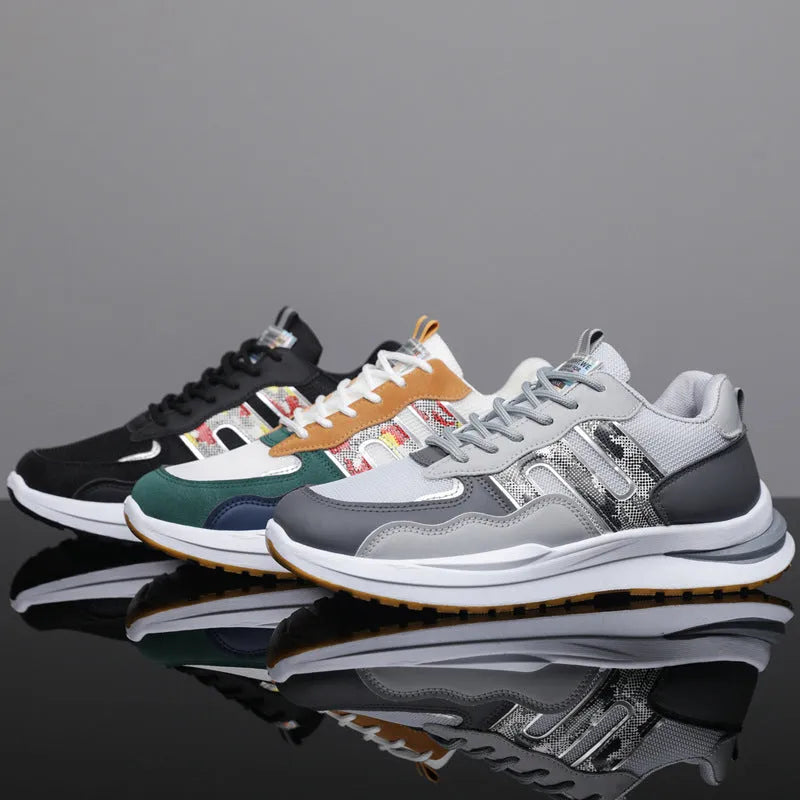 Men's mesh and leather sports casual shoes in white green, available in plus sizes up to 45.