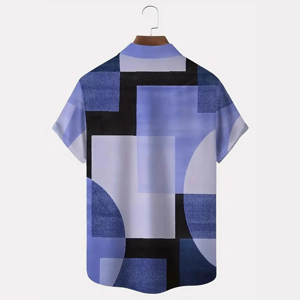 Men's retro geometric contrast colour square 3D printed short sleeve cardigan shirt