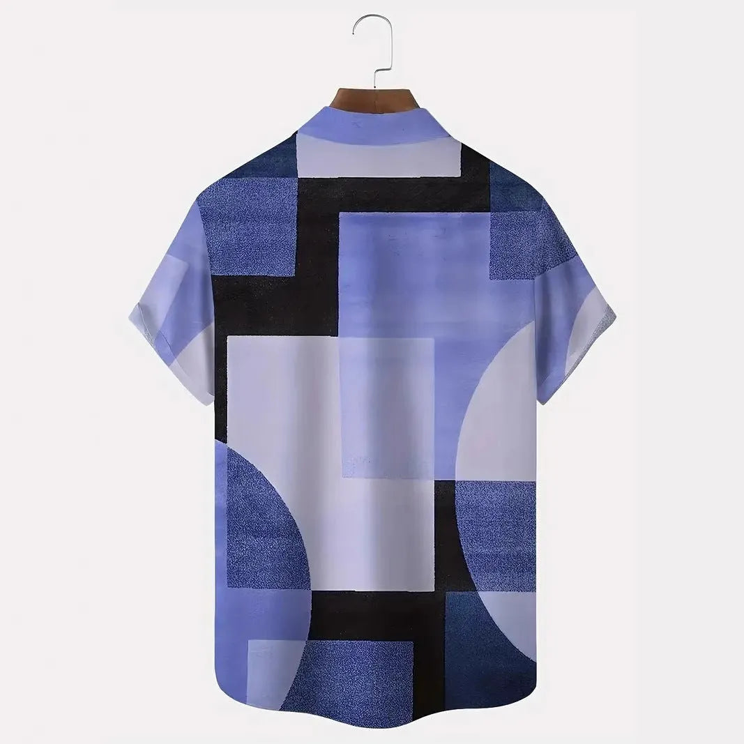 Men's retro geometric contrast colour square 3D printed short sleeve cardigan shirt