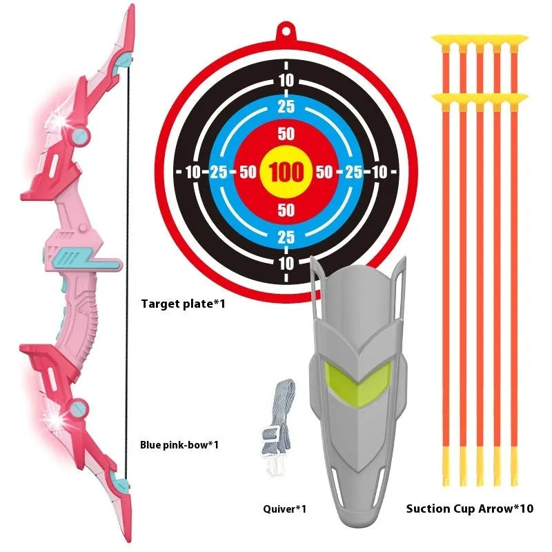 Children's bow and arrow set with green detachable bow and light-up arrows for outdoor target practice