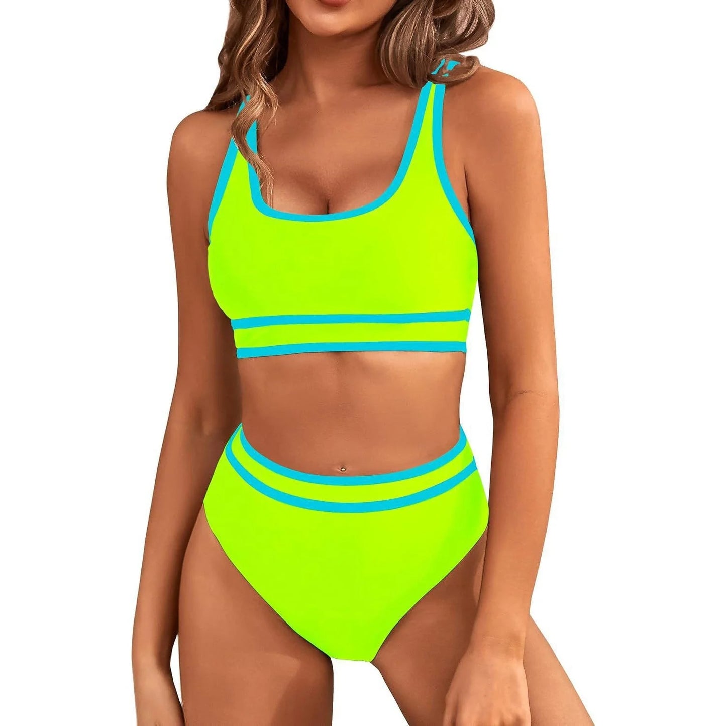 Women's tight-fitting solid colour bikini swimsuit with 15% spandex lining, available in multiple vibrant colours