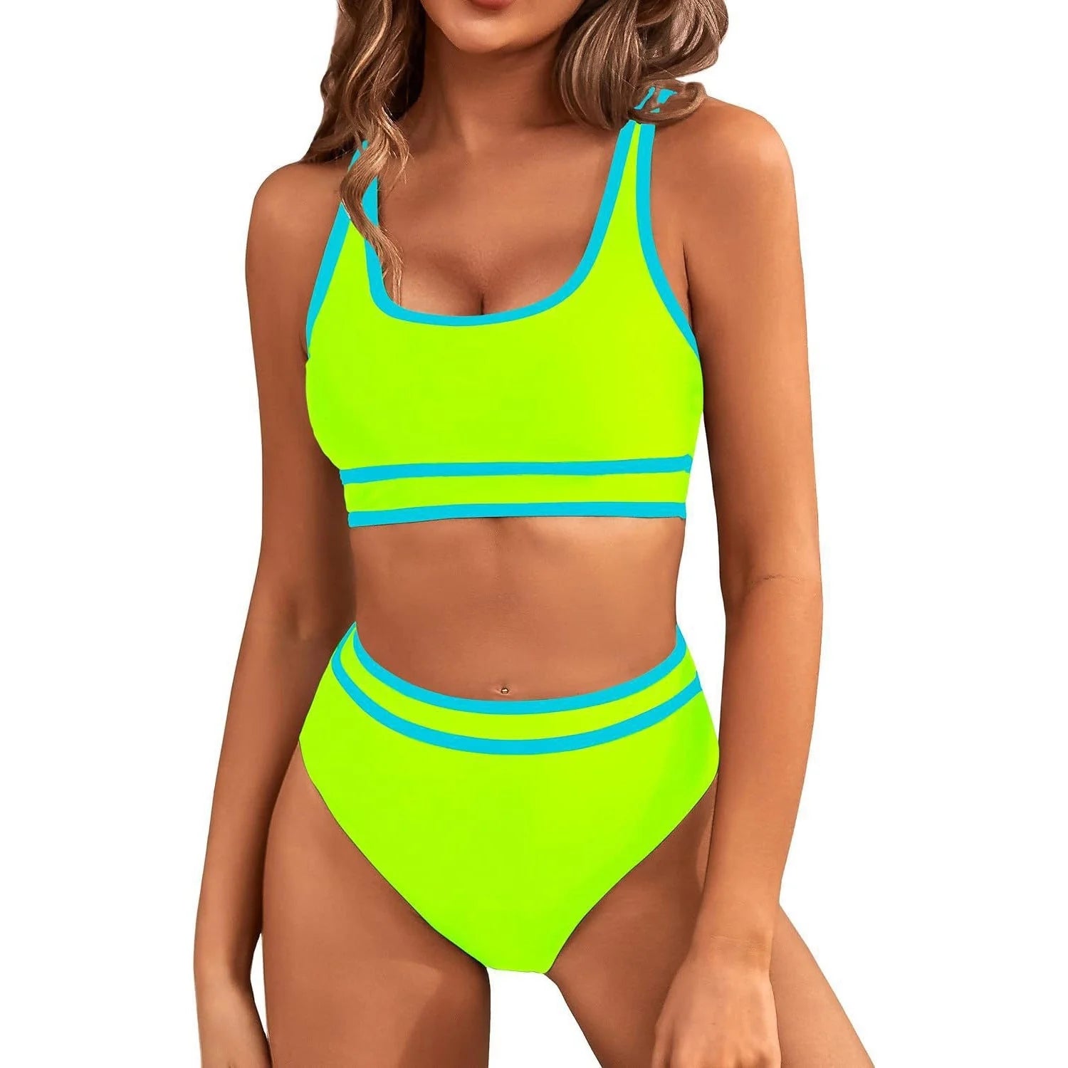Women's tight-fitting solid colour bikini swimsuit with 15% spandex lining, available in multiple vibrant colours