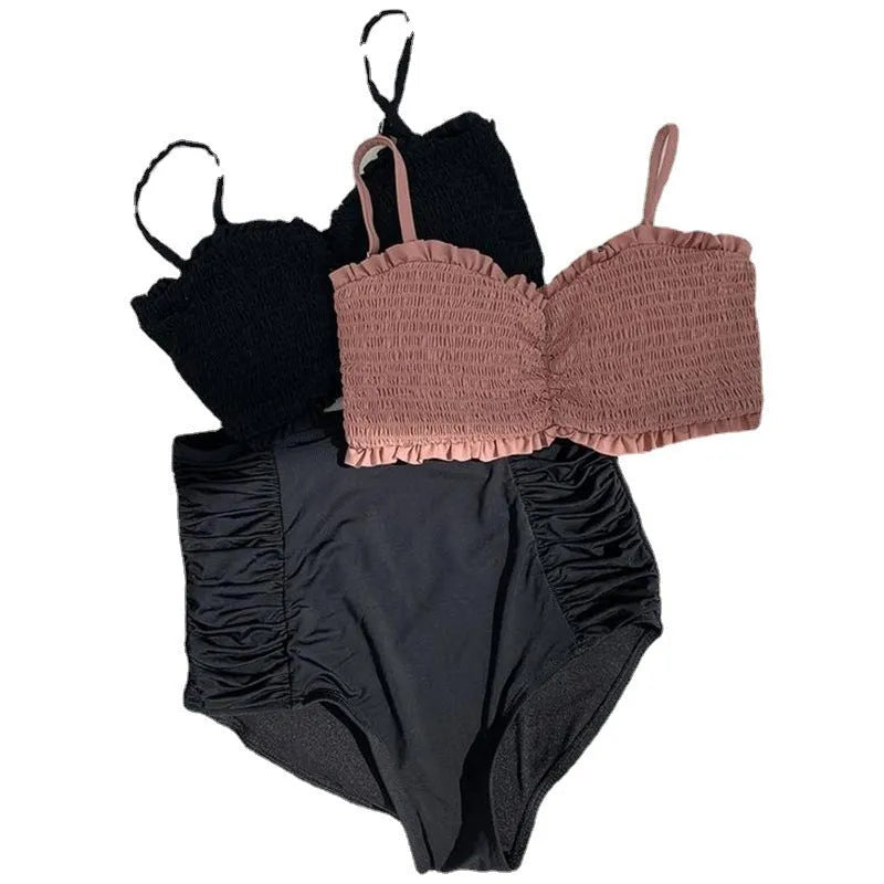 Women's retro high-waist polyester bikini set in Cameo brown colour with briefs styling