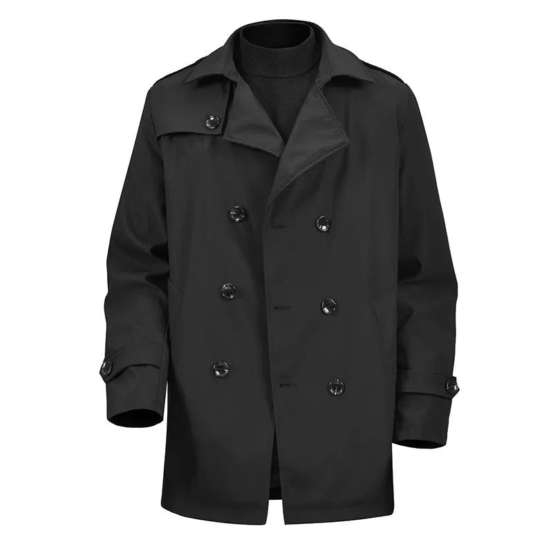 Men's khaki double-breasted casual jacket made of polyester fibre, loose fit, 50cm length, front view