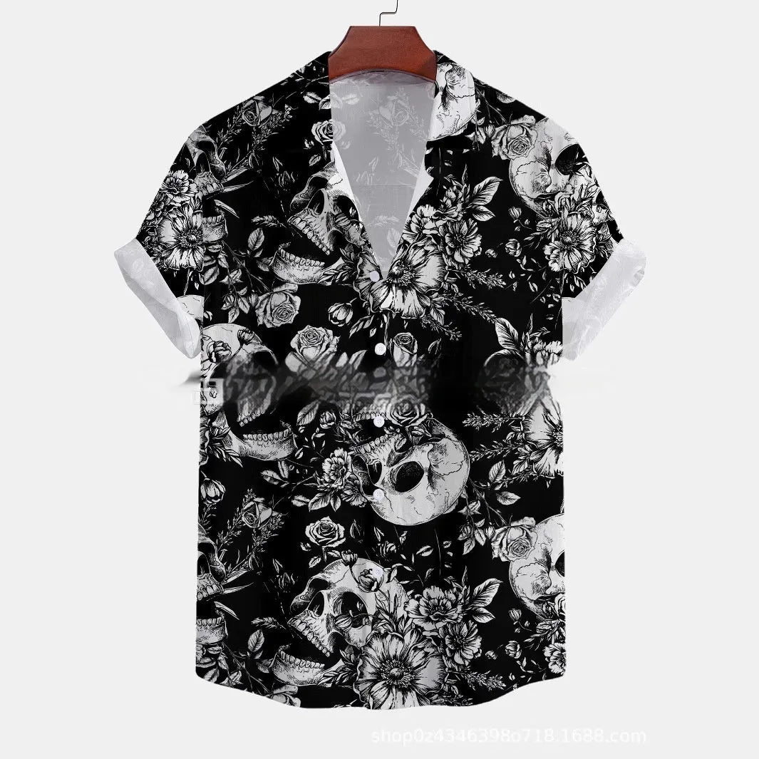 Man wearing a loose-fit floral print short-sleeved casual shirt in a cardigan style.