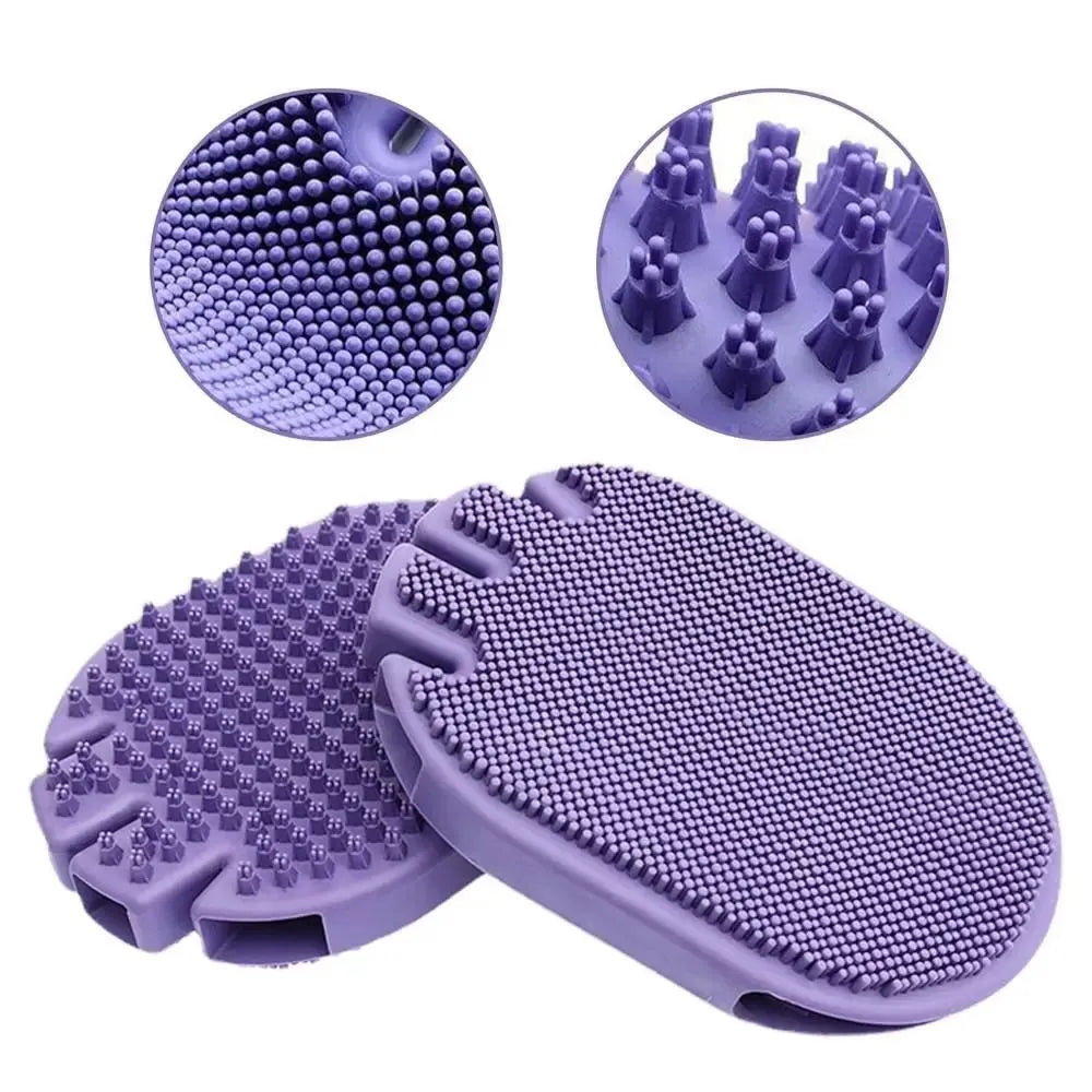 Purple pet grooming brush with soft silicone bristles and ergonomic TPR handle