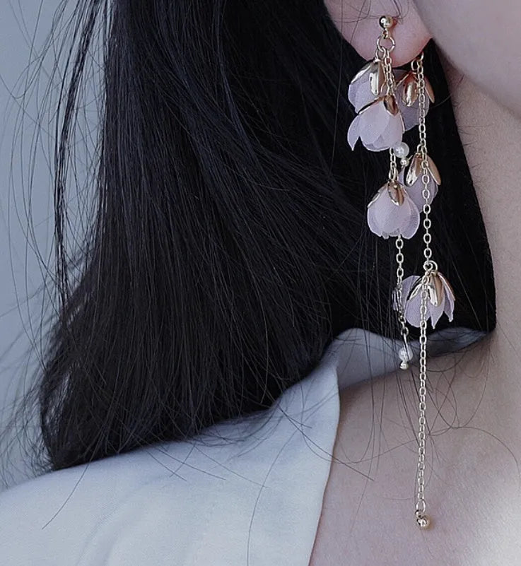Long tassel romantic cherry blossom earrings in pink with gold plating, 8cm drop, mori fairy style