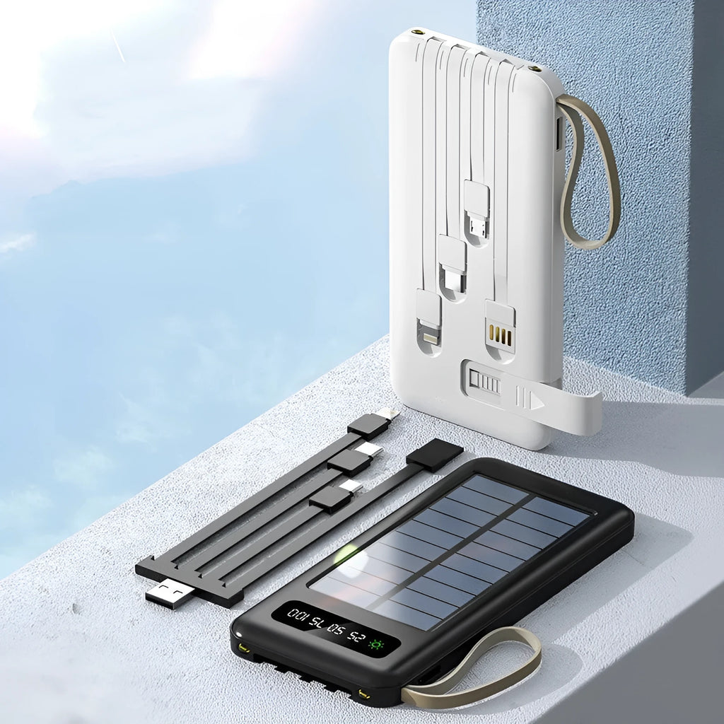 Cool black solar power bank showing its solar panel and output ports on a compact rectangular body.
