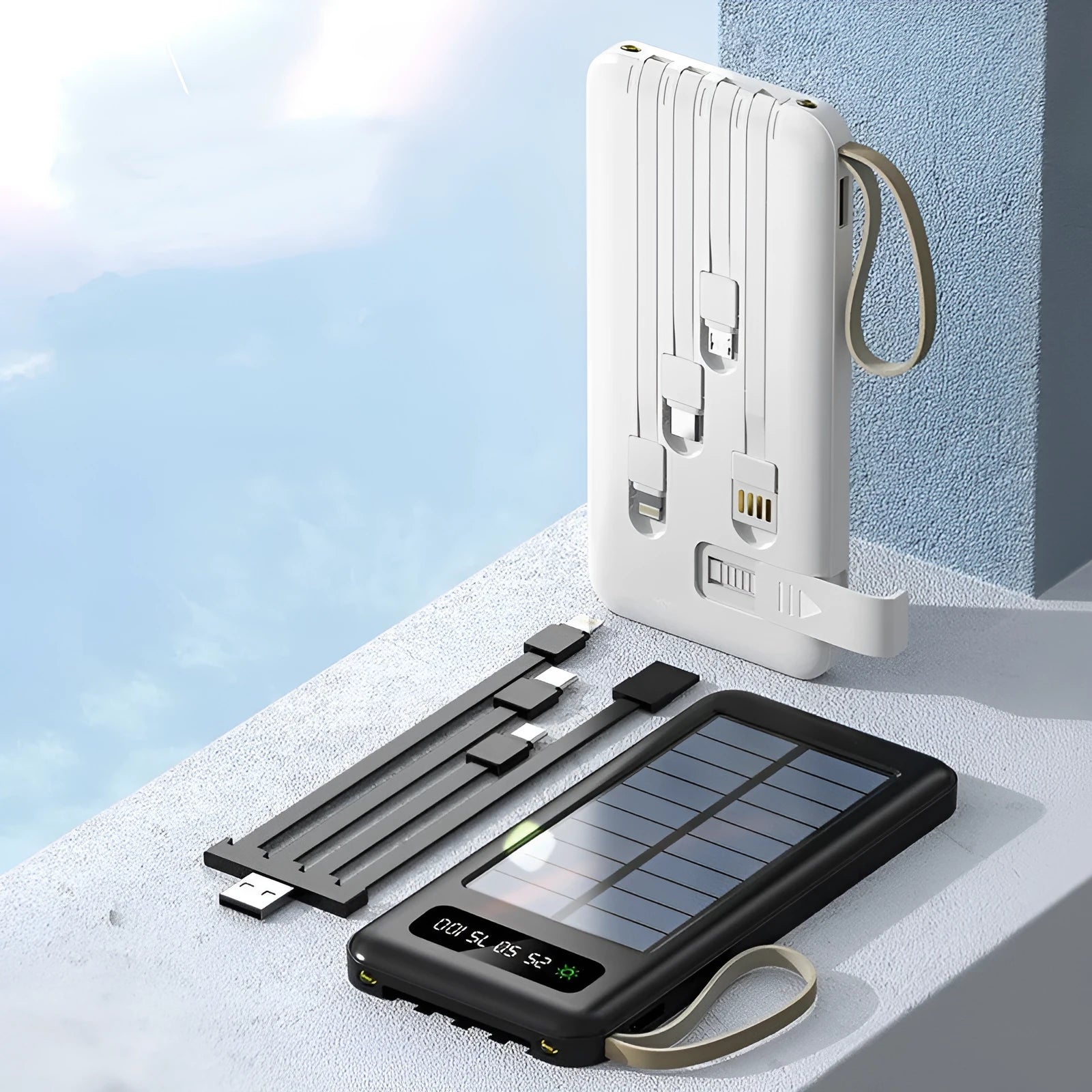 Cool black solar power bank showing its solar panel and output ports on a compact rectangular body.