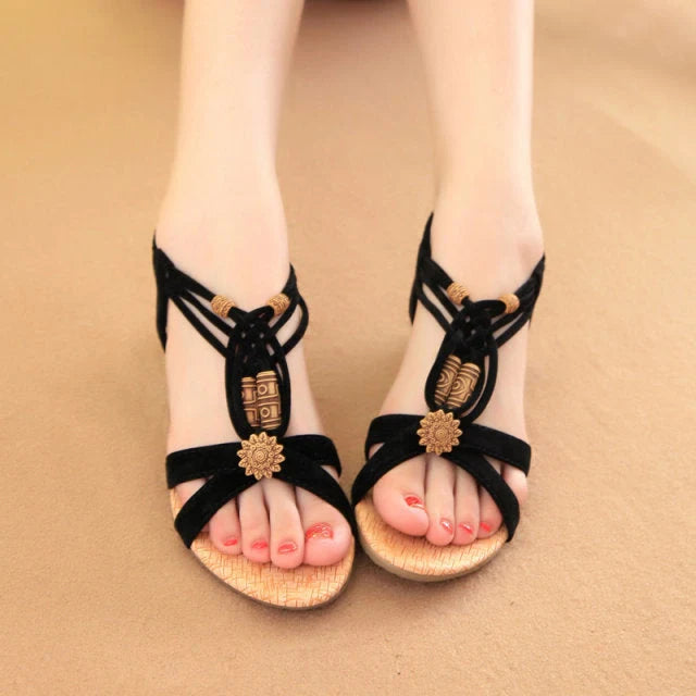 Korean Style Ladies Flat Wedge Sandals in black and beige