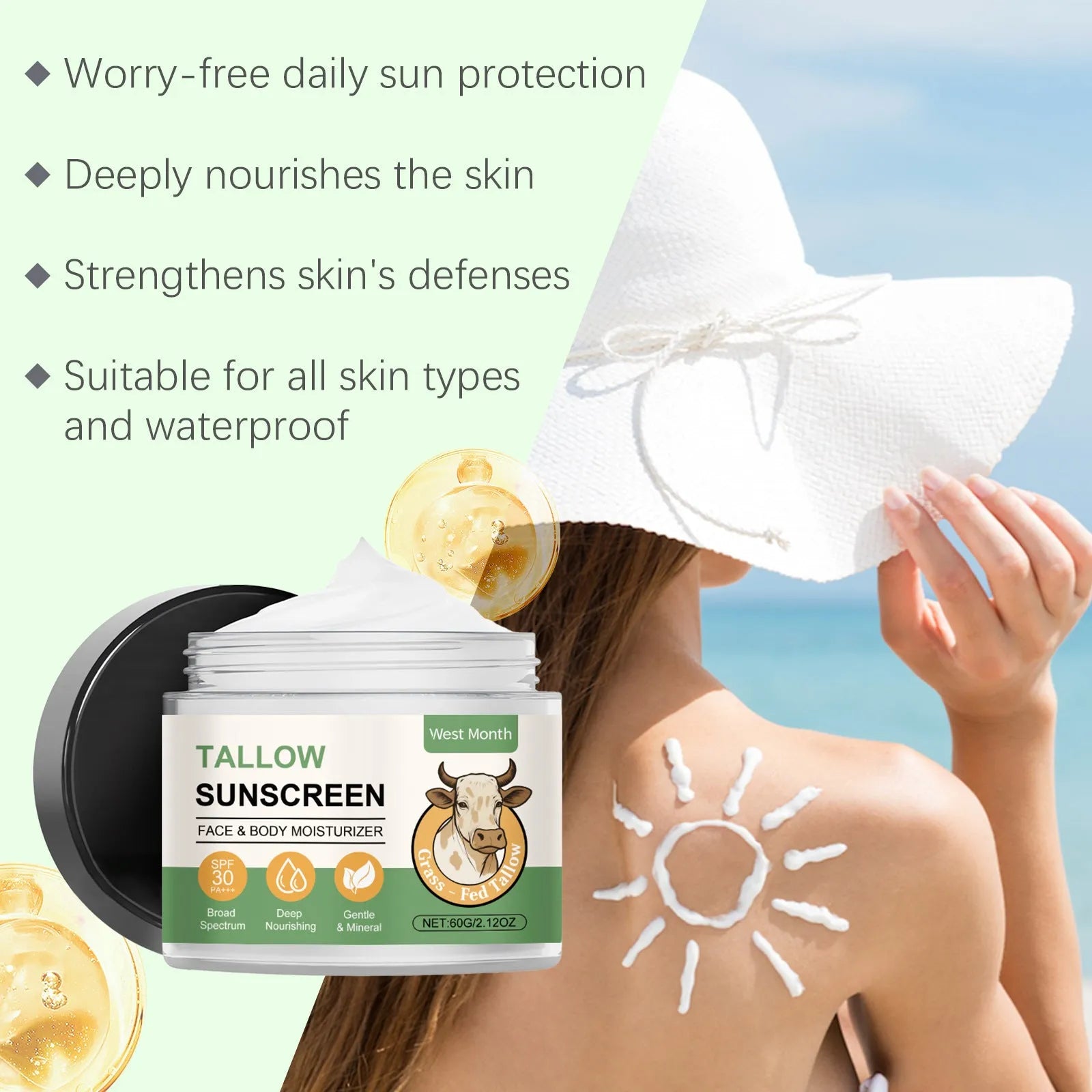 60g tube of moisturising cream with sunscreen protection containing titanium dioxide and hyaluronic acid