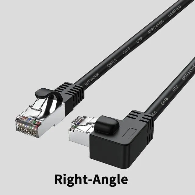 Cat6 Ethernet cable with right-angle RJ45 connector in black, showing metal housing, alongside other colour options.