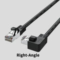 Cat6 Ethernet cable with right-angle RJ45 connector in black, showing metal housing, alongside other colour options.
