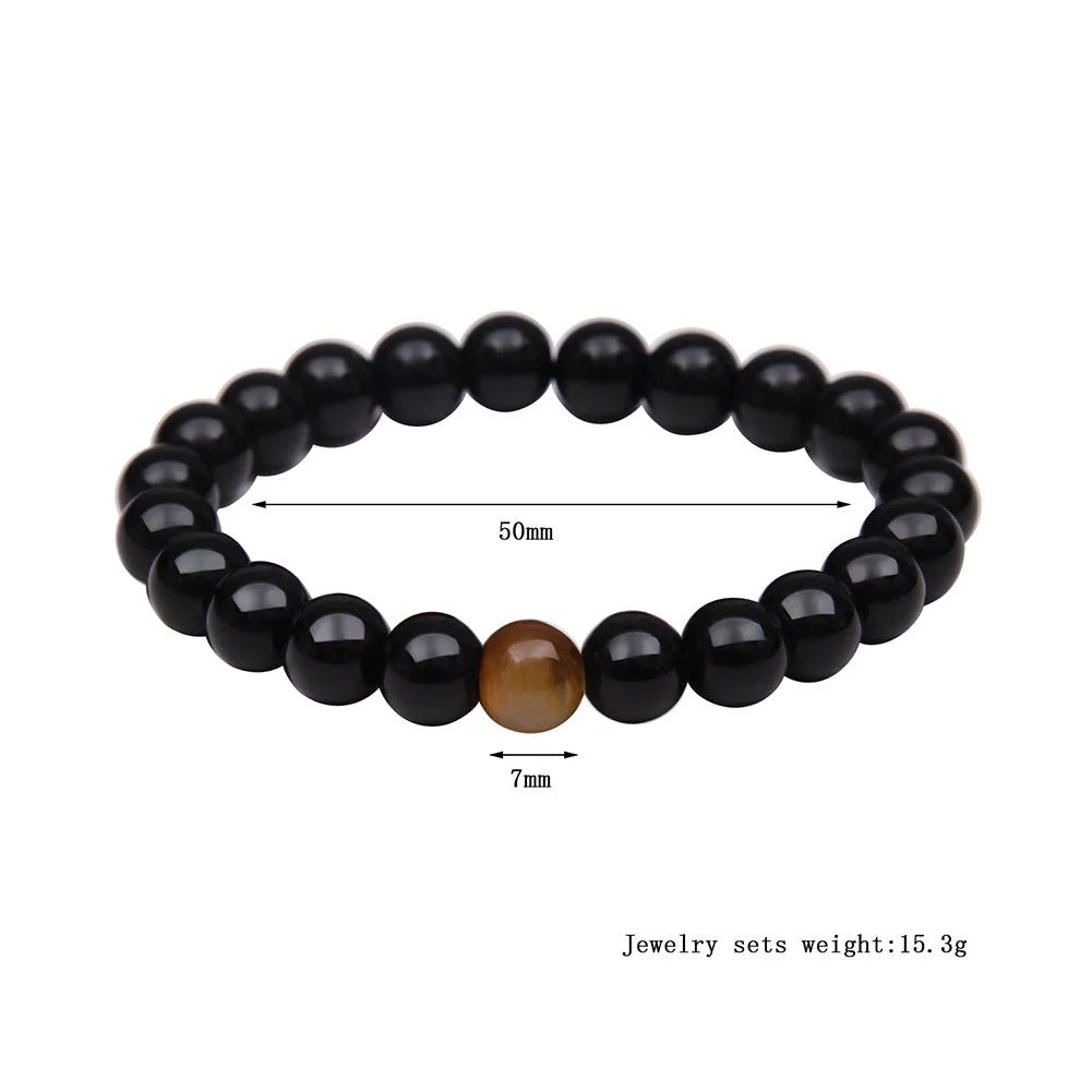 Hand-woven tiger eye stone bracelet in natural colours, showcasing unique texture and geometric design.