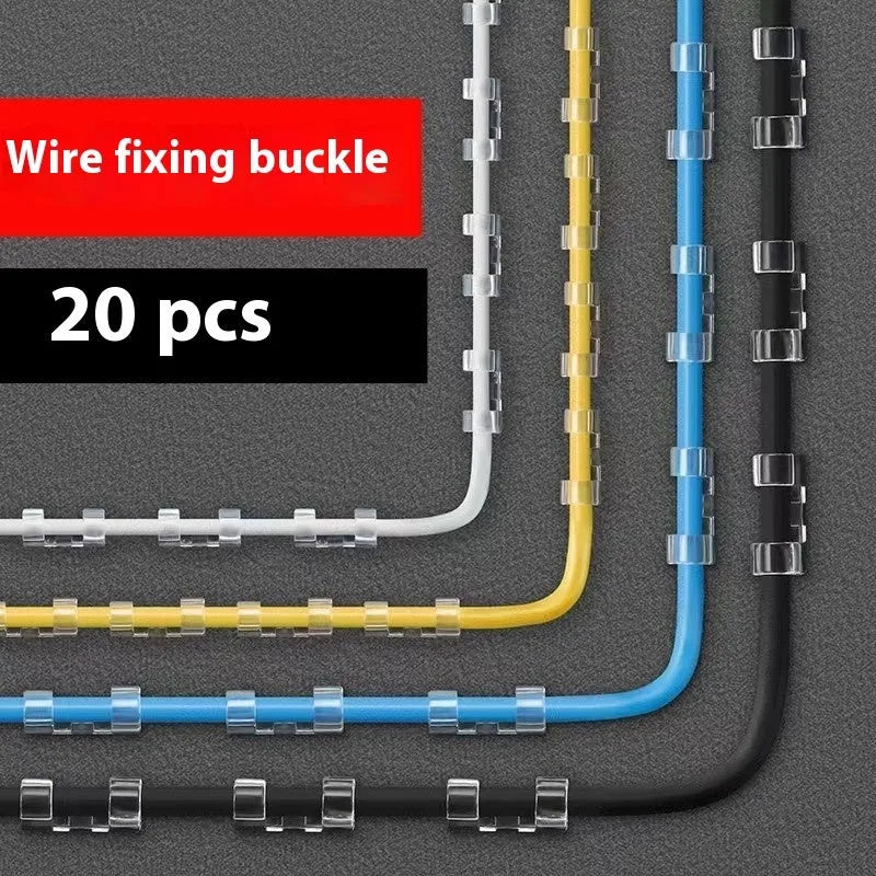 Transparent self-adhesive plastic cable management clips in four sizes on a white background.