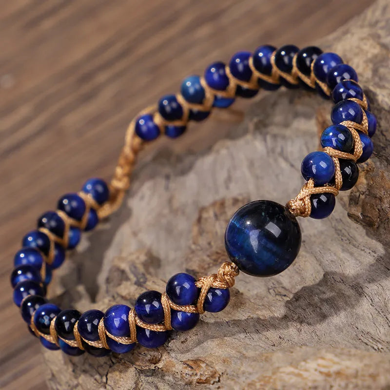 Handmade woven geometric bracelet with tiger eye stone beads and adjustable pull cord