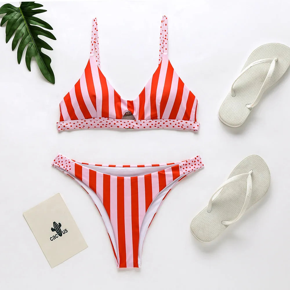 Women's bikini swimsuit in polyester, showing black and white dots and red and white stripes pattern options.