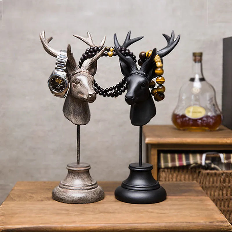 Natural resin animal sculpture home decoration in black, white, and wood colour finishes, dimensions 13cm by 15cm by 32cm.