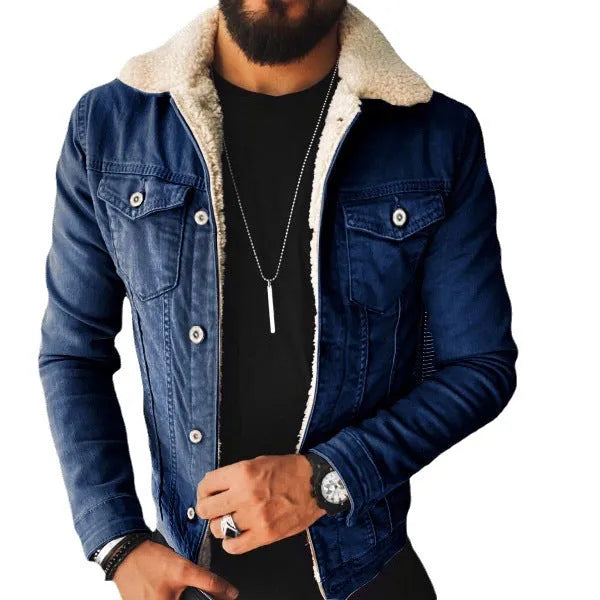 Lamb wool thickening denim jacket for men, black, side seam pockets, regular fit, winter wear