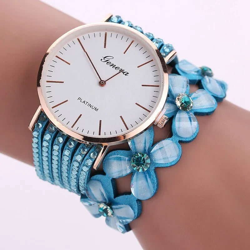 Geneva flowers women's quartz watch with crystal dial, 3.5cm case, bracelet strap, available in black colour