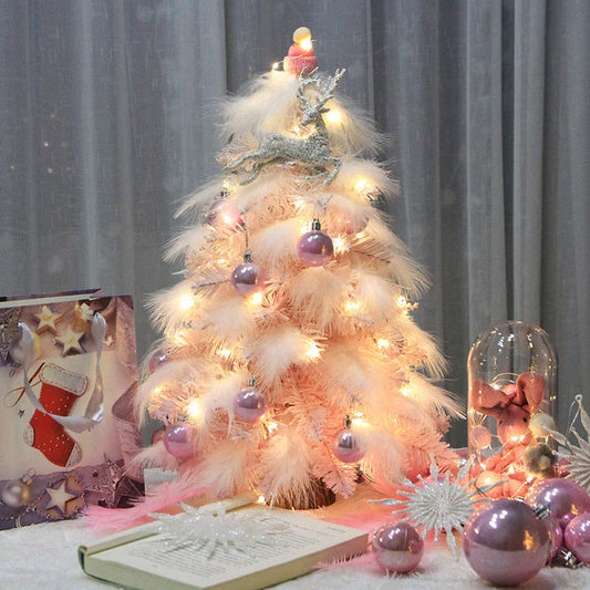 Pink feather Christmas desktop tree with LED lights, 30cm high