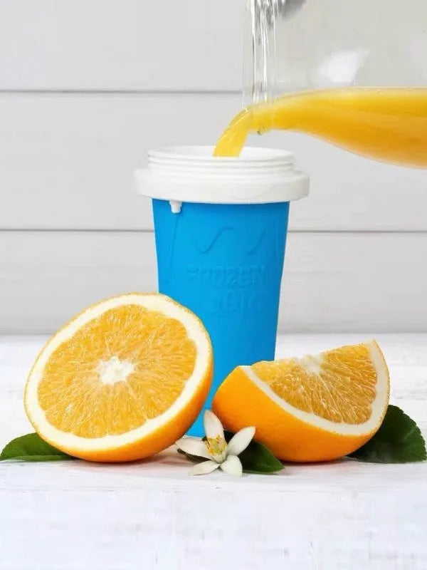 Blue silicone quick refrigeration pinch cup with double-layer walls for cooling drinks.