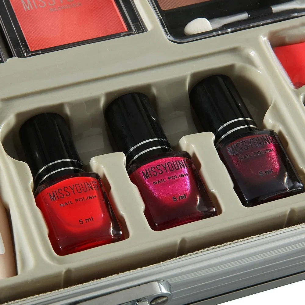 Makeup kit with natural colours including lipstick, eye shadow, foundation, and blush in a 35x26x7.5cm case