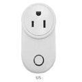 White Wi-Fi smart socket with UK and US plug options on a table