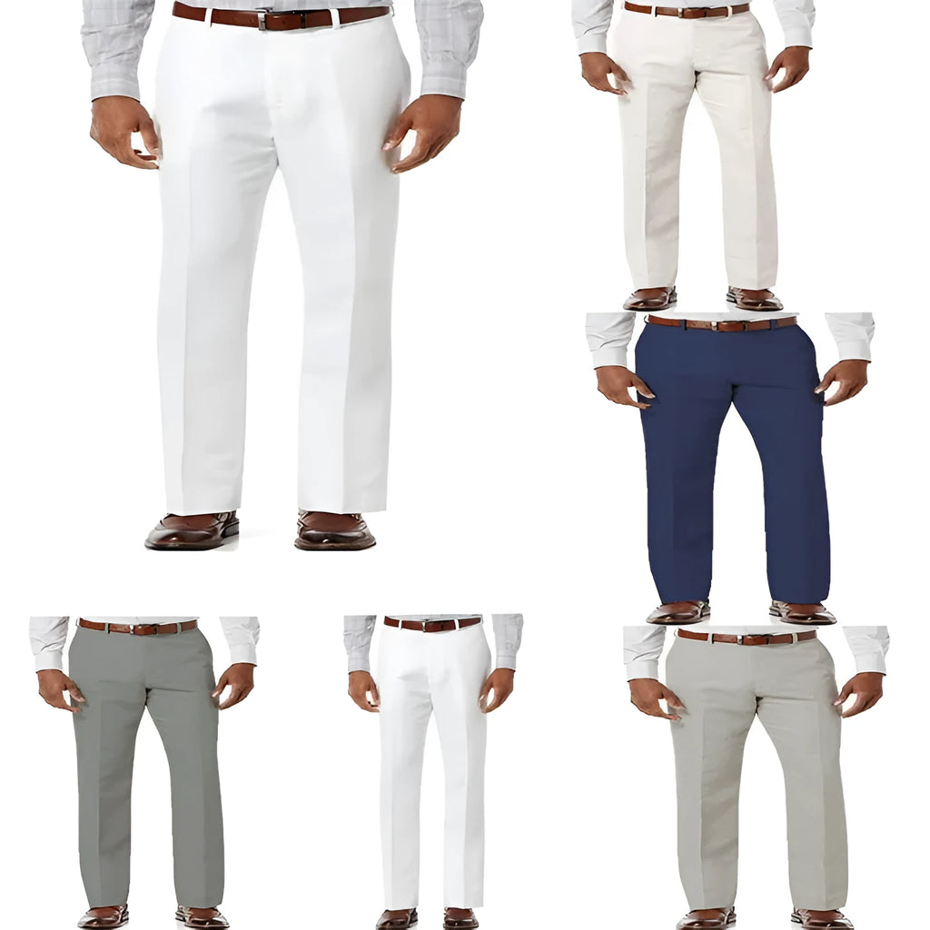 Men's beige white linen blend casual trousers with slanted front pockets on a solid colour background.