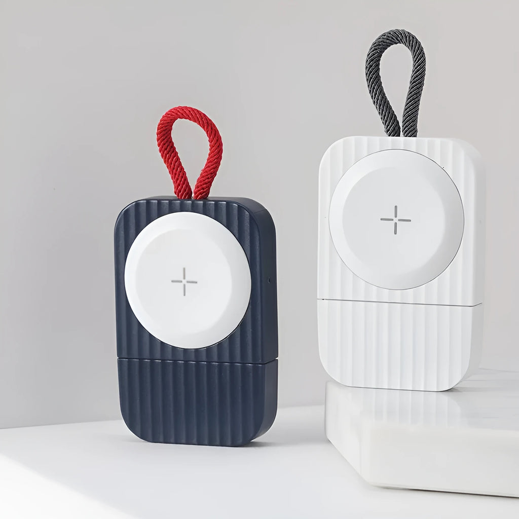 White magnetic wireless charger for Apple Watch with Type-C and USB-A interfaces on a desk