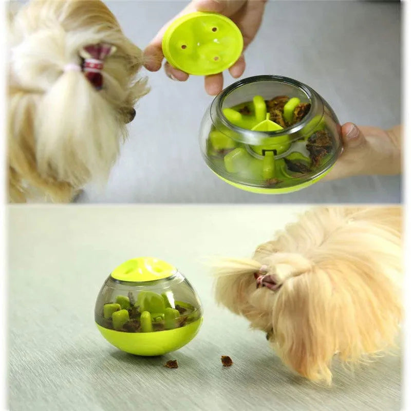 Dog food leaker puzzle toy in blue plastic with compact dimensions for slow feeding