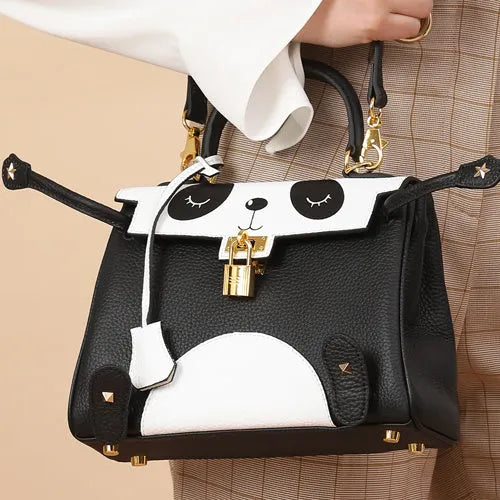 Square panda print cow leather handbag in sweet lady style showing two size options.
