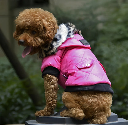 Black fur collar dog coat in M size, hooded with buttons, polyester fleece for winter warmth, 28cm back length