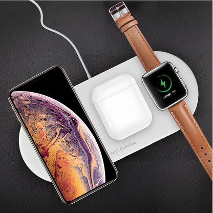 Black three-in-one wireless charger for iPhone at 10W, AirPods and Apple Watch at 5W, Qi standard with rubber base