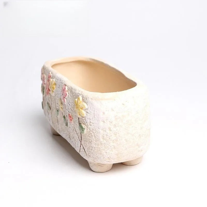 Hand-painted rectangular ceramic flower pot for succulents measuring 13.7x6.2x6.5cm
