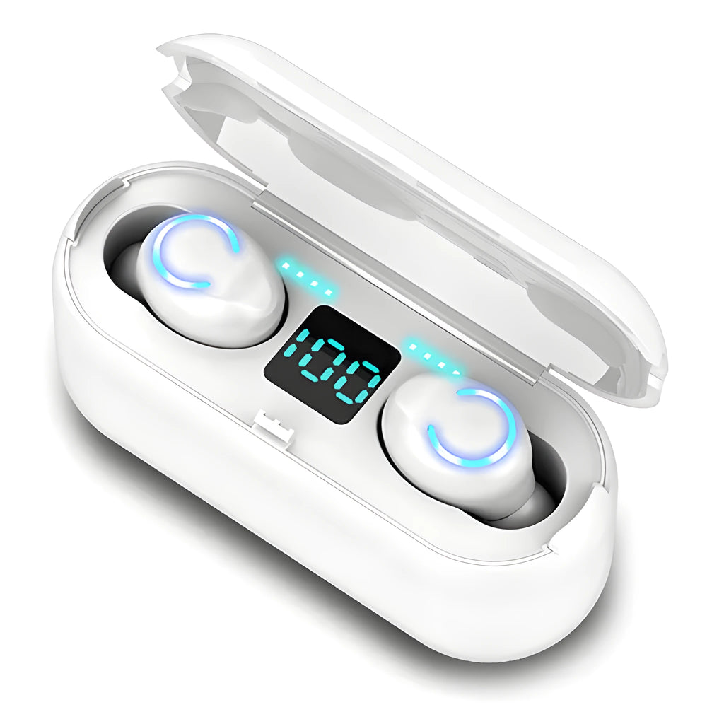 Binaural digital display Bluetooth headset in black with battery indicator
