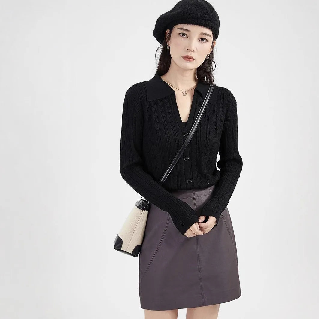 Women's viscose cardigan sweater in black with button front, slim fit, and long sleeves