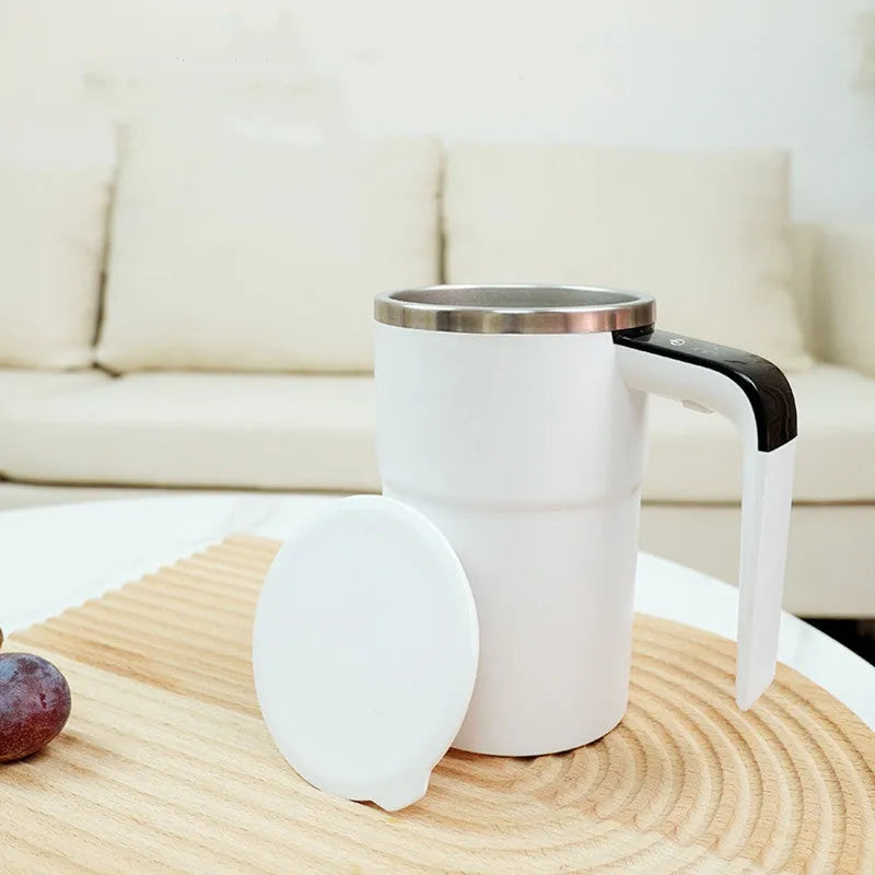 Black or white automatic stirring coffee mug with LCD display and USB charging cable